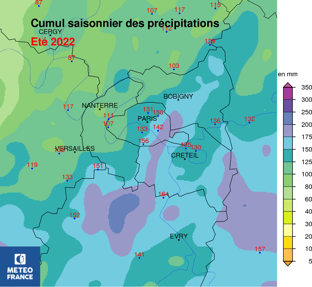 Carte des volumes de précipitations en région parisienne