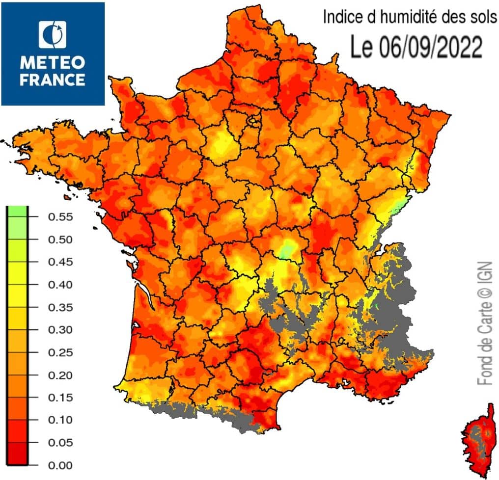 Carte de France indiquant les niveaux de sécheresse en fonction des territoires