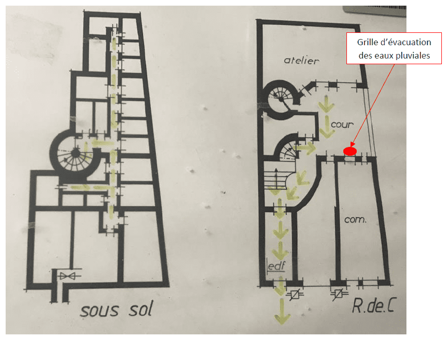 Plans du sous-sol ainsi que du RDC dans une copropriété du 10e arrondissement schématisant l'évacuation des eaux pluviales.