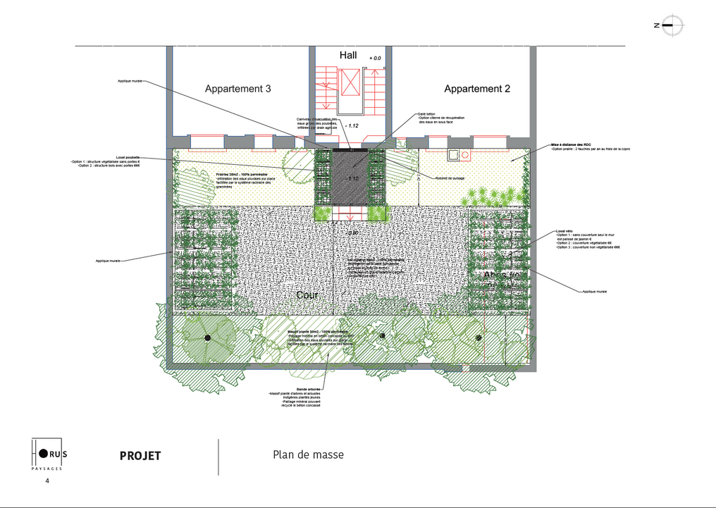 Plan de masse réalisé par Horus Paysages dans le cadre de la conception d'un projet de végétalisation d'une cour d'immeuble dans le 12e arrondissement. ©Horus Paysages
