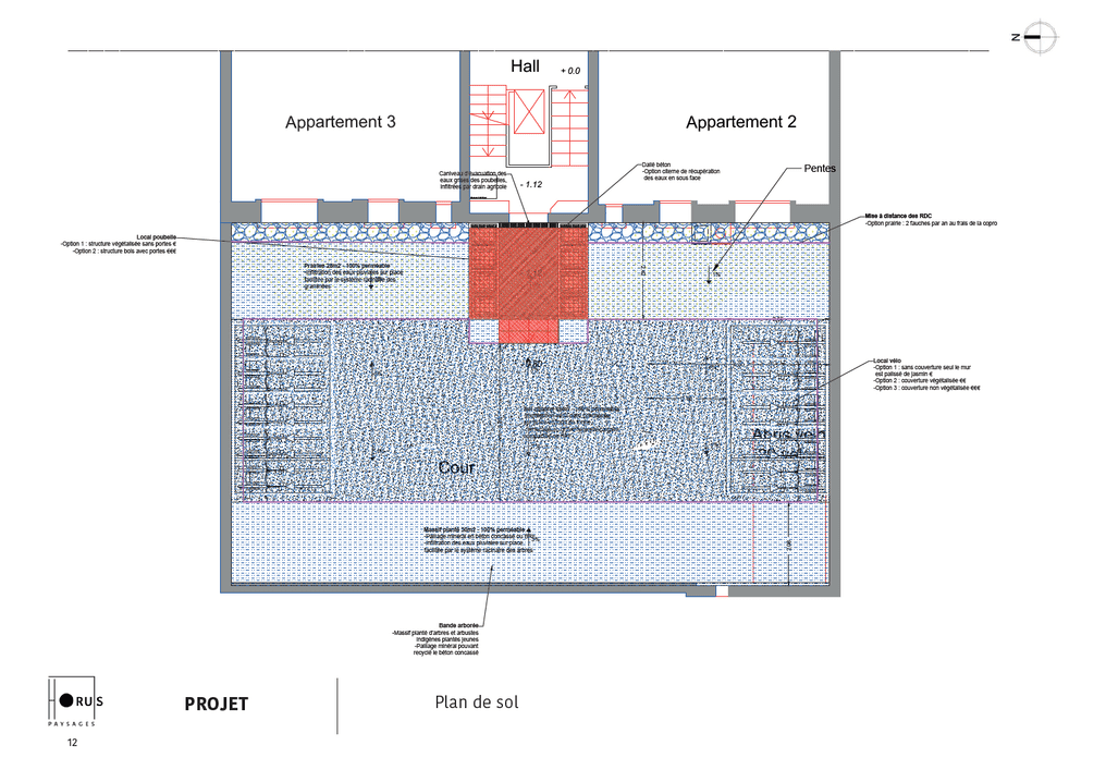 Plan de sol réalisé par Horus Paysages dans le cadre de la conception d'un projet de végétalisation d'une cour d'immeuble dans le 12e arrondissement. ©Horus Paysages