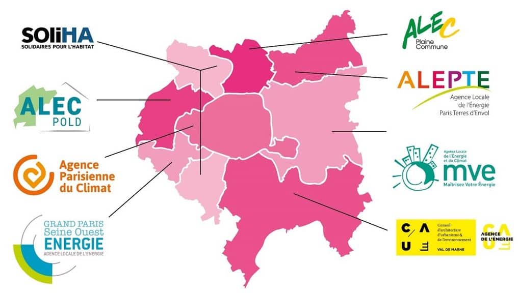 Schéma explicatif des 8 structures utilisant CoachCopro à l'échelle métropolitaine. L'Agence Parisienne du Climat, l'ALEC POLD, Soliha, Le Conseil d'architecture, d'urbanisme et de l'environnement (CAUE), l'ALEC Plaine Commune, l'ALEPTE (Agence Locale de l'Énergie Paris Terres d'Envol), l'AGENCE Locale de l'Énergie et du Climat MVE (maîtrisez votre énergie), schéma explicatif.